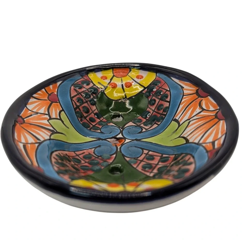 Mexican Hand Painted Soap Dish Red Clay Decorative Multicolors Folk Art